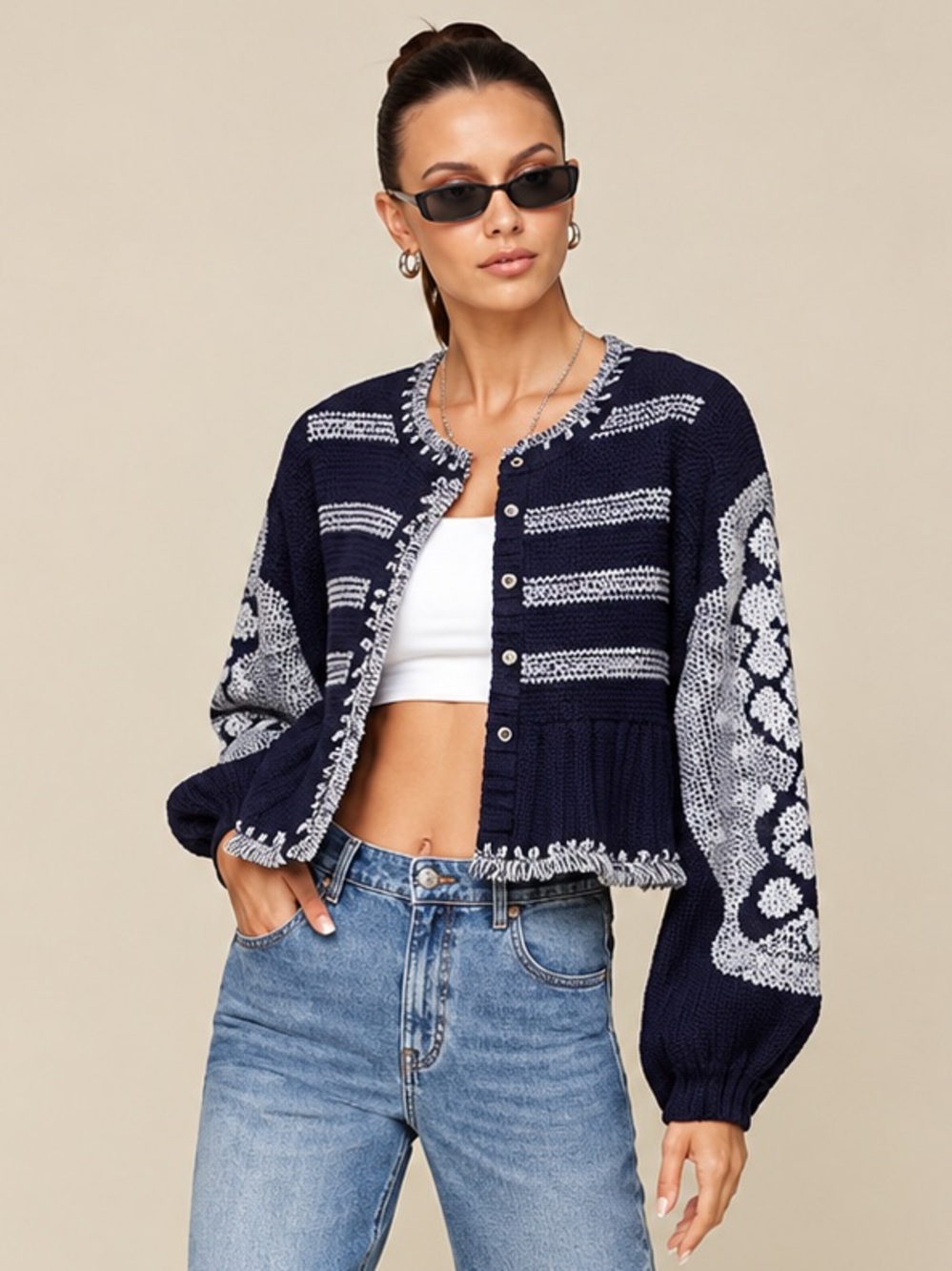 AVEC LES FILIES Navy Embroidered Cotton Peasant Jacket with White Detailing